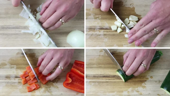 Agregar la cebolla, el ajo, el pimiento rojo y el calabacín picados. Saltear durante 3-4 minutos, removiendo constantemente. (66.799)