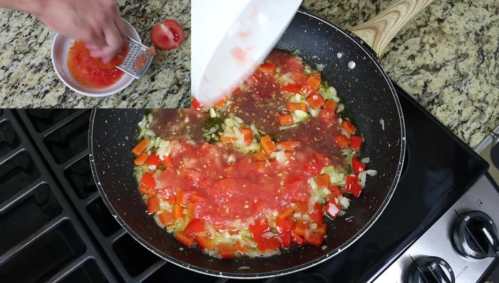 Incorporar 120 g de salsa de tomate (casera o enlatada), sal y pimienta. Cocinar a fuego lento durante unos minutos hasta que la salsa espese ligeramente. (95.479)