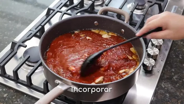 Añadir la mezcla de chiles licuada a la carne y mezclar bien. Tapar y dejar cocinar por unos minutos.