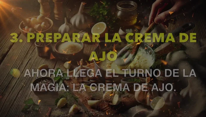 Prepara la crema de ajo: derrite la mantequilla, añade el ajo asado (o sofrito), crema de leche, queso parmesano, jugo de limón, sal y pimienta. Cocina 5 minutos, luego 3 más. (155.319)