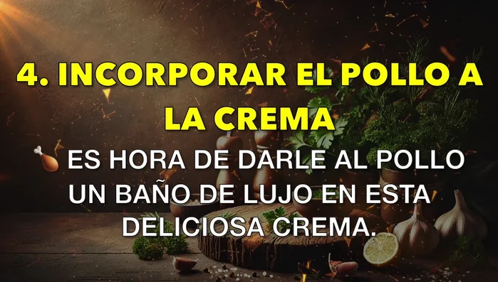 Agrega el pollo dorado a la crema de ajo y cocina a fuego lento durante 5 minutos, bañándolo con la salsa. (193.44)