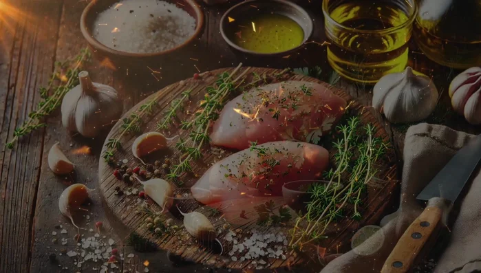Sazona los filetes de pollo con sal, pimienta, tomillo y ajo picado. (93.84)