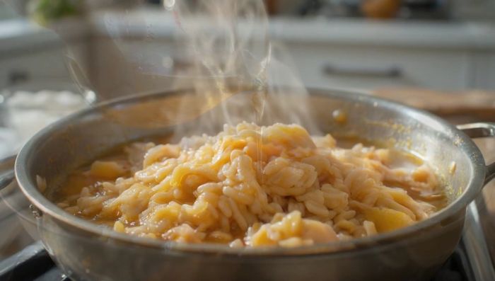 Verter el caldo de pollo caliente, remover suavemente y distribuir el arroz de manera uniforme. Colocar los trozos de conejo dorado encima.