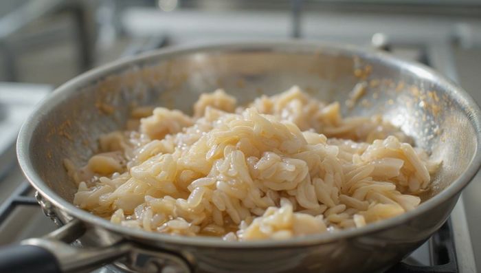 Cocinar a fuego medio-alto sin remover durante 15-20 minutos, hasta que el arroz haya absorbido casi todo el caldo. Si el arroz está duro, bajar el fuego y cocinar unos minutos más.