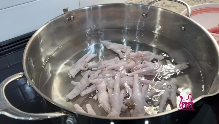 Agregar las patas de pollo a la olla con agua, y dejar cocinar hasta que suelten el sabor. [93.759 - 104.24]