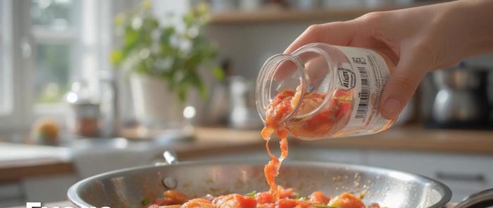 Incorporar 200 g de tomate triturado y cocinar a fuego medio hasta que el tomate se haya reducido y pochado.