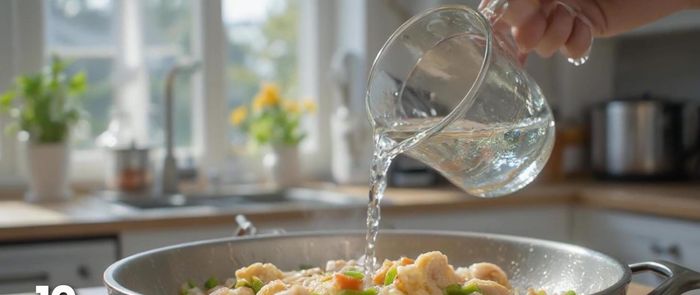 Añadir 500 ml de agua, subir el fuego a alto y cocinar durante 10 minutos sin tapar.