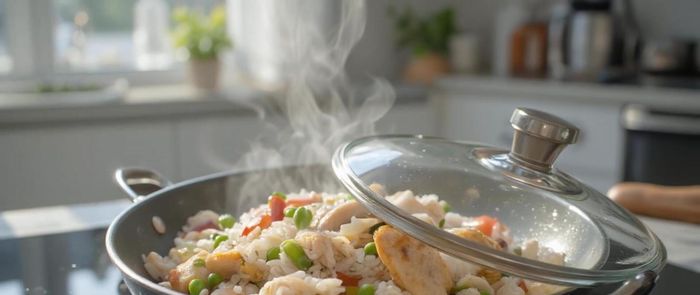 Retirar la sartén del fuego y dejar reposar el arroz durante unos minutos antes de servir.