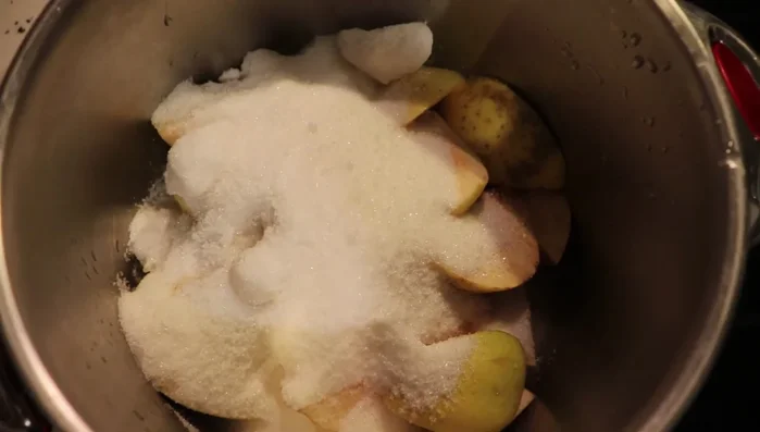 Agregar el azúcar y mezclar todos los ingredientes. Tapar la olla a presión y cocinar a baja temperatura durante aproximadamente media hora.