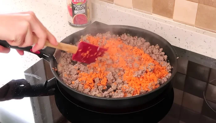 Cuando la carne esté hecha por fuera, añadimos dos zanahorias picadas, mezclamos y sazonamos con sal, orégano seco, albahaca seca, pimienta molida y 800 g de salsa de tomate frito. Cocinamos durante 15 minutos aproximadamente.