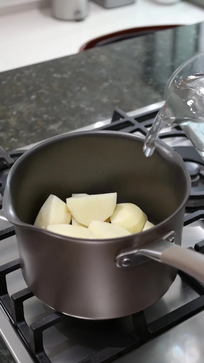 Cocer las papas en una olla con agua y una pizca de sal durante 20-25 minutos, hasta que estén suaves.