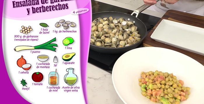 Servir la ensalada de garbanzos con los berberechos encima. Decorar con perejil fresco. (596.16)