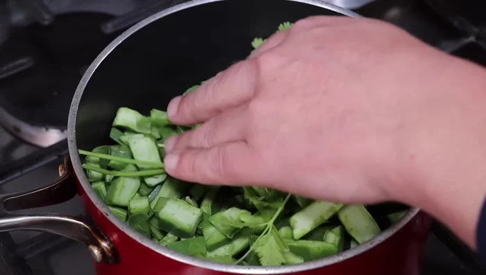 Agrega cilantro, ajo, cebolla y sal a los nopales. Tapa y cocina a fuego bajo hasta que estén suaves.