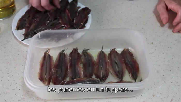 Colocar los boquerones en un recipiente o tupper.