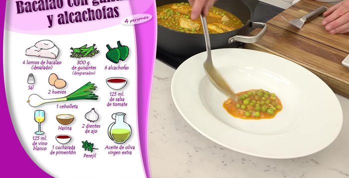 Servir una porción de bacalao, medio huevo cocido y tres mitades de alcachofa por persona.