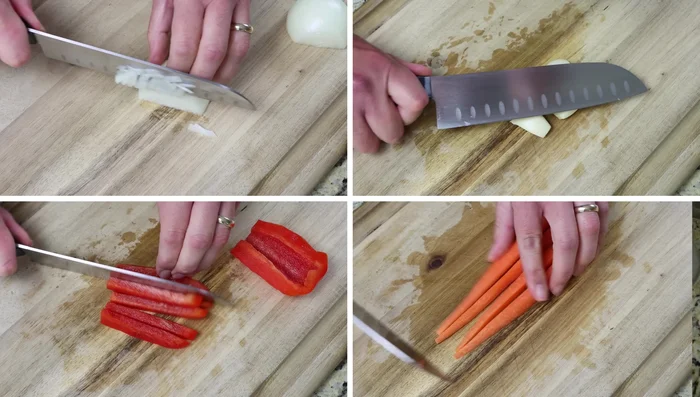 Pica la cebolla, el ajo, el pimiento rojo y la zanahoria.