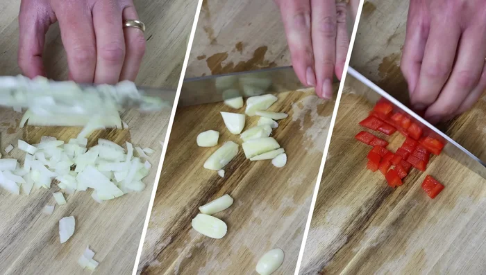 Picar la cebolla, el ajo y el pimiento rojo. Añadir a la sartén y mezclar hasta que estén ligeramente salteados (aprox. 5 minutos) (118.479).