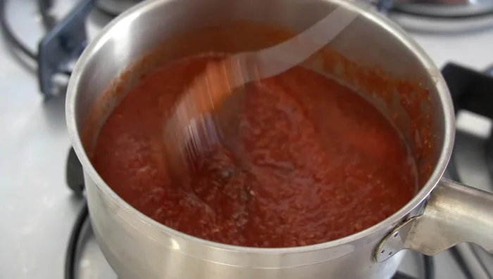 Cocinar la salsa a fuego alto hasta ebullición, luego a fuego bajo hasta que espese (aproximadamente 30 minutos). Pasar por la batidora (Tourmix). (209.48)