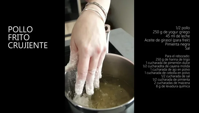 Rebozar las pechugas marinadas y freír en aceite de girasol hasta que estén crujientes. [32.36]