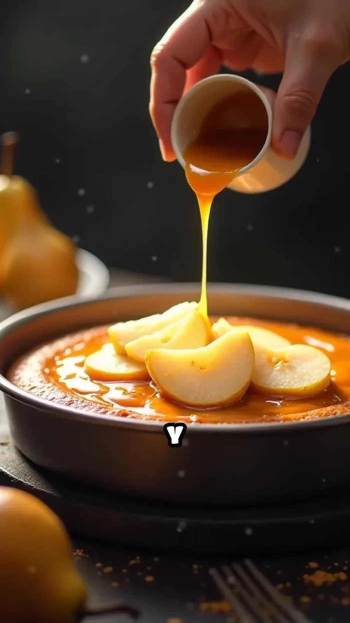 Distribuye tres peras maduras peladas y cortadas en láminas finas sobre el caramelo.