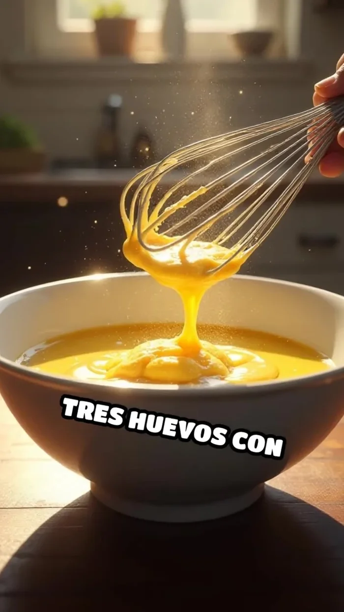 Para la masa, bate tres huevos con una taza de azúcar hasta que esté cremoso.