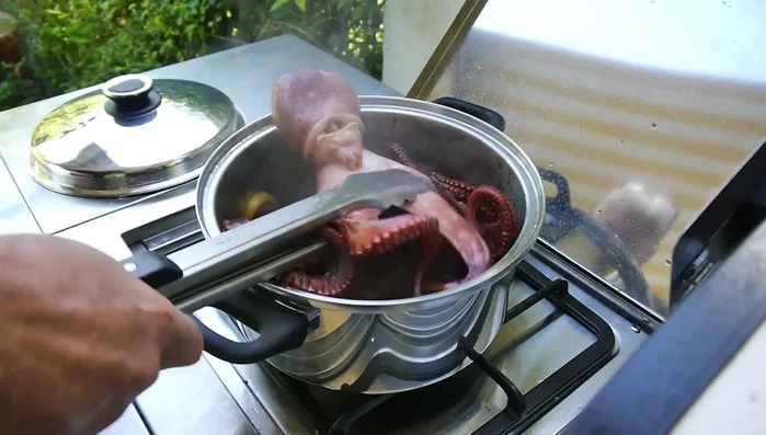 Separar la pulpa: Después de una hora, retire el pulpo del wok y deje que se enfríe.
