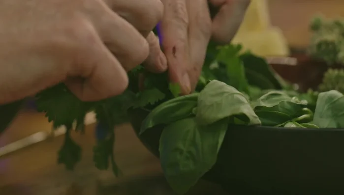 Agregar albahaca, cilantro y orégano. Dejar reposar la salsa (129.239).