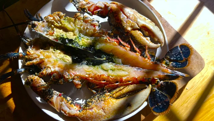 Cortar el bogavante en dos mitades, separar las pinzas del cuerpo y quebrar la cáscara con la parte sin filo del cuchillo. Conservar los fluidos de la cabeza.