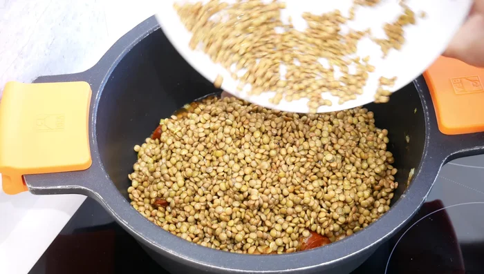 Incorporar las lentejas a la cazuela y remover. [151.68]