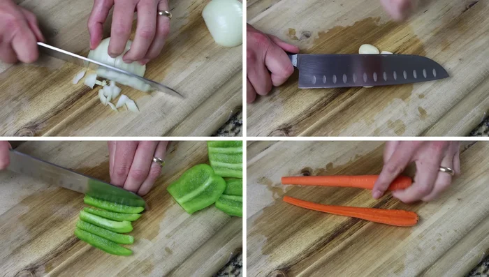 Picar la cebolla, el ajo y el pimiento verde en trozos grandes. Cortar la zanahoria en trozos pequeños.